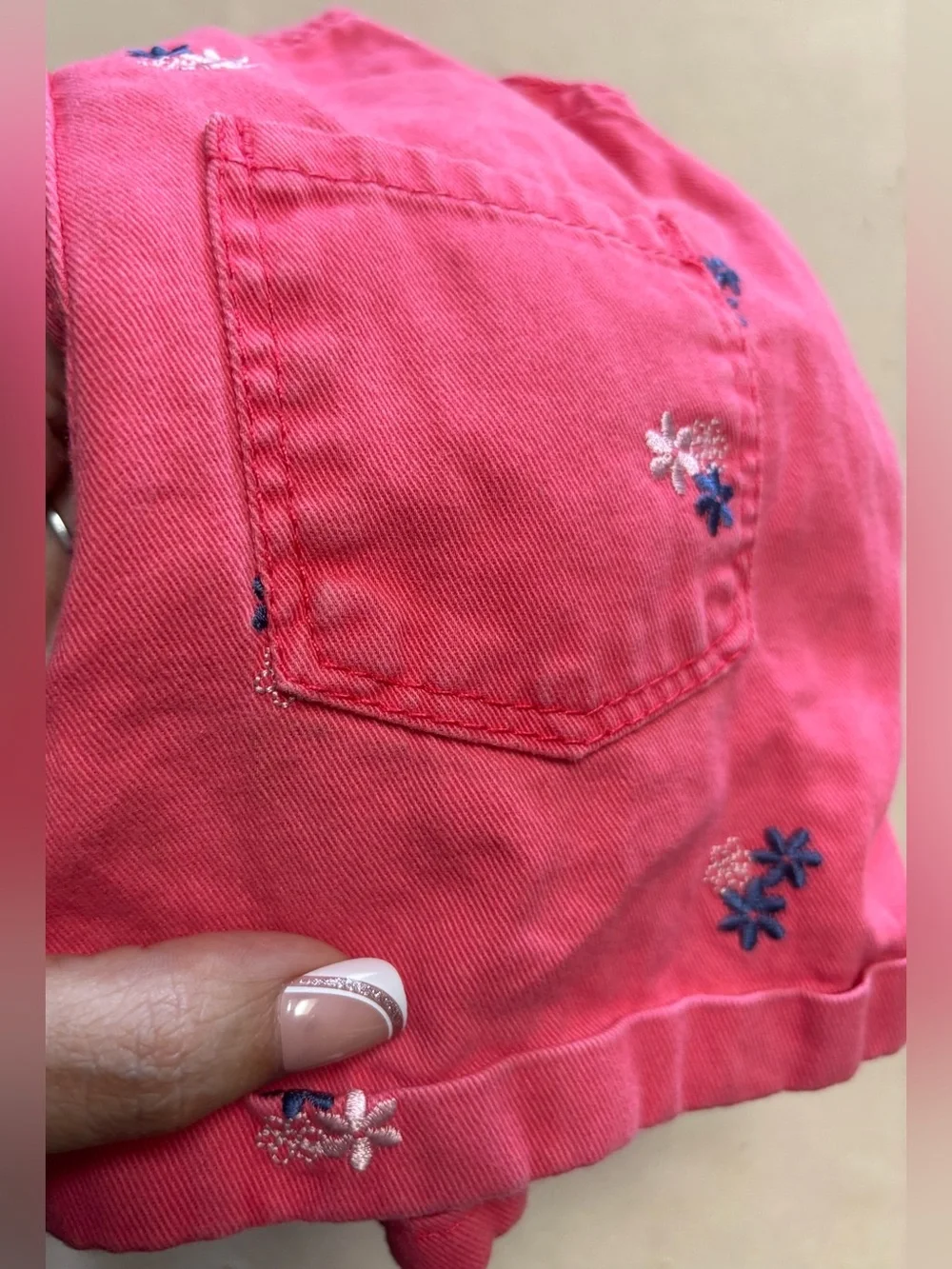 OshKosh Bgosh Baby Girl Overall Shorts 9 Months Dark Pink Flowers Embroidered